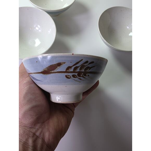 JAPANESE Blue Brown Hand Painted Glazed Rice Bowls Set of 4 - Picture 1 of 10